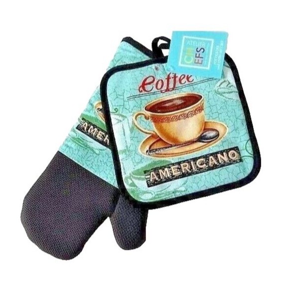 Atelier Americano Coffee Cup Saucer Oven Mitt Potholder Blue Black Silicone Grip - Picture 1 of 2